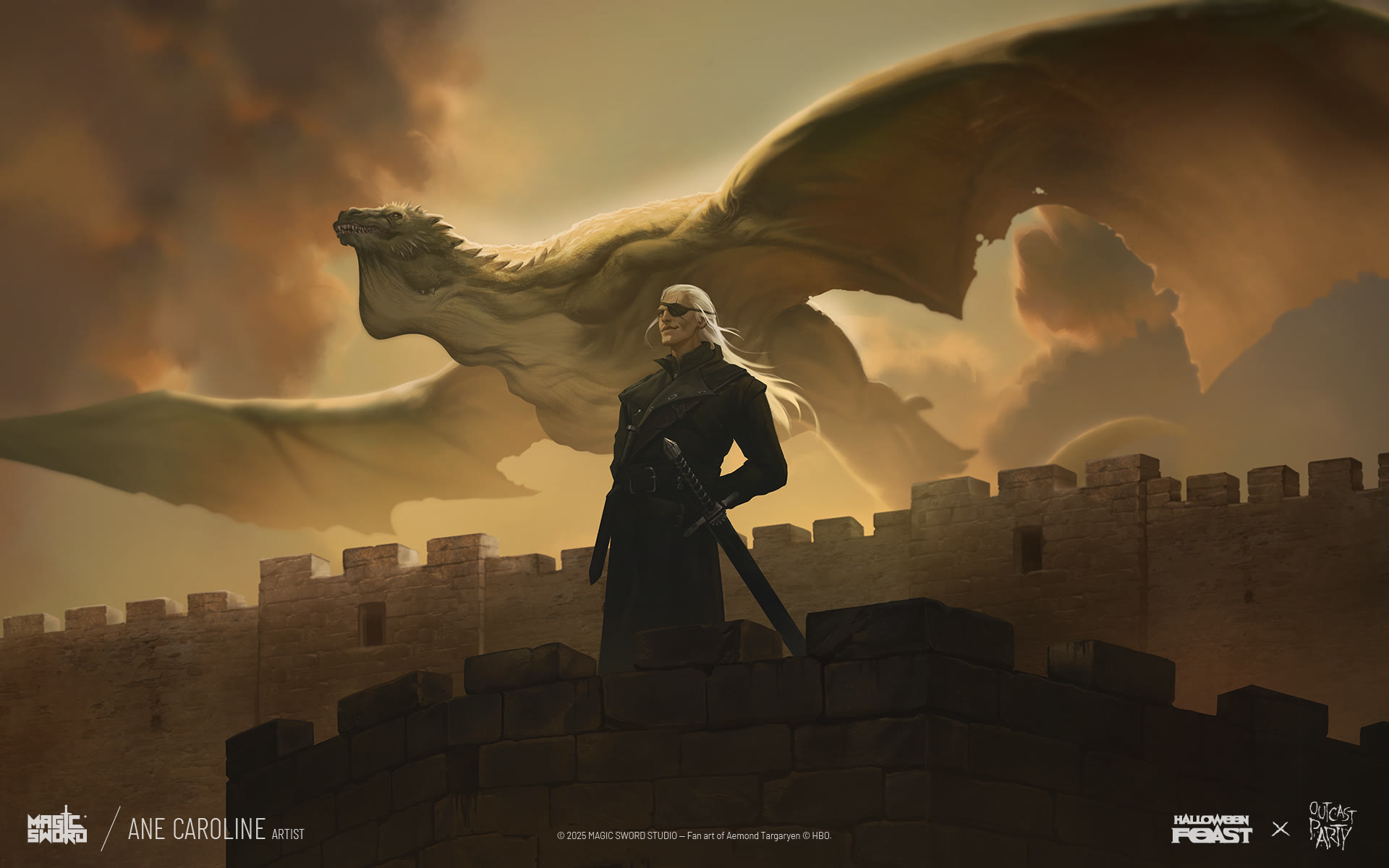Aemond Targaryen from House of the Dragon, fan art trading card illustrated by Ane Caroline for Halloween Feast 2025: Outcast Party by Magic Sword Studio